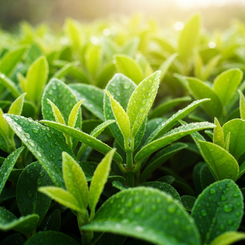 Daun hijau segar dengan tetesan embun